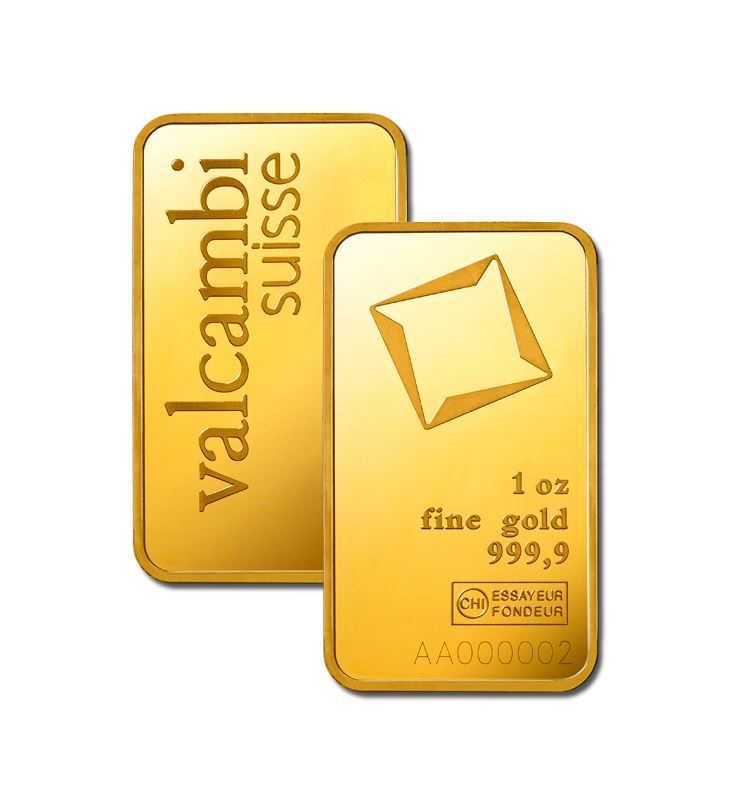 Valcambi 1oz Gold Bar — front and back views